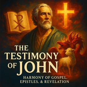 The Testimony of John image depicting the Apostle John with scrolls, light, and cross, symbolizing his Gospel, Epistles, and Revelation in unified harmony.