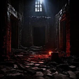 Dark stone doorway with broken threshold, candlelight casting shadows in an abandoned biblical setting symbolizing judgment and silence.