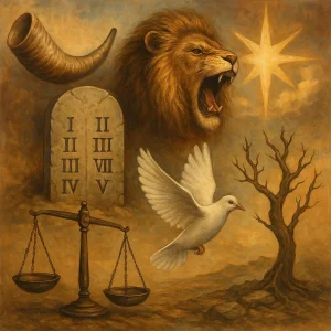 Collage of symbols from the Minor Prophets, including tablets, lion, scroll, and fire, representing prophecy, judgment, and divine revelation.