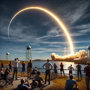 Crowd watches a curved rocket trail over water, symbolizing the staged theatrics of modern space launches.