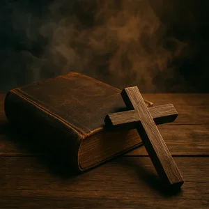 A leather-bound Bible and a wooden cross rest on a dark surface, symbolizing the timeless truths of the apostle Paul’s letters to the early church.