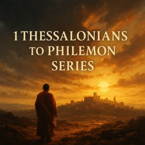 Apostle Paul standing beneath a golden sky with scroll in hand, symbolizing the inspired unity of his epistles from 1 Thessalonians to Philemon.