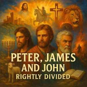 A rich, symbolic illustration of Peter, James, and John surrounded by prophetic imagery representing their epistles and end-times themes, in vibrant colors.