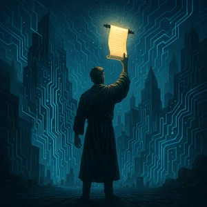 Believer standing in glowing digital Babylon holding scroll of truth, surrounded by circuitry and spiritual light.