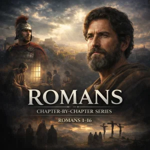Photorealistic cinematic poster for the Romans Chapter-by-Chapter Bible study series featuring Christ and the title.