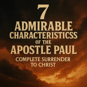 Movie-poster-style image with the title “7 Admirable Characteristics of the Apostle Paul – Complete Surrender to Christ” over a dramatic red sky.
