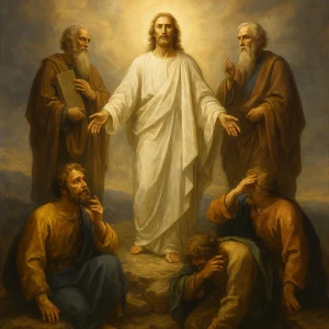 Jesus transfigured in radiant glory with Moses and Elijah, as Peter, James, and John witness the vision—a preview of Christ’s coming kingdom.