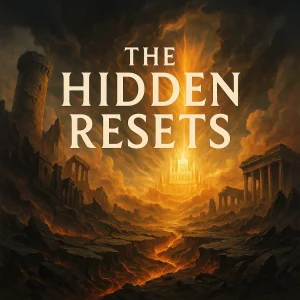 Epic poster of crumbling ancient thrones under a fiery sky, with light breaking through, symbolizing the final resets and rise of Christ’s Kingdom.