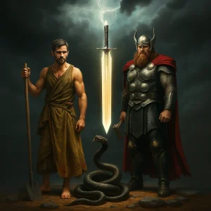 Cain and Thor stand divided by a glowing sword descending from heaven, symbolizing the war between God’s Word and Satan’s forged deception.