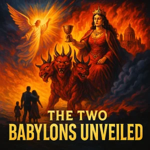 Dramatic poster showing Mystery Babylon in flames, riding the Beast, beneath apocalyptic skies, symbolizing global deception and end-time prophecy.