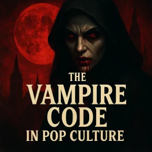 A bold movie-poster-style graphic showing the Vampire Code title with dark tones, fangs, and symbolic imagery representing spiritual warfare in entertainment.