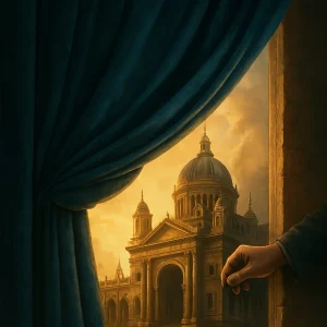 Golden-lit city partially hidden behind parted velvet curtains, symbolizing revealed truth and hidden history.