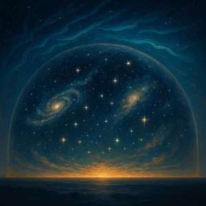 Celestial dome splitting open with falling stars and radiant light breaking through, symbolizing divine revelation and the fall of rebellious hosts.