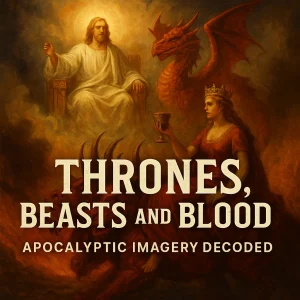Apocalyptic-style poster with thrones, beasts, and fire illustrating end-time prophecy from the Book of Revelation.