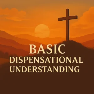 Square graphic titled "Basic Dispensational Understanding," featuring a cross at sunset, symbolizing clarity through rightly dividing Scripture.