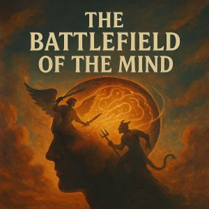 Silhouette of a head with an angel and demon battling inside, symbolizing spiritual warfare in the mind with the title “The Battlefield of the Mind.