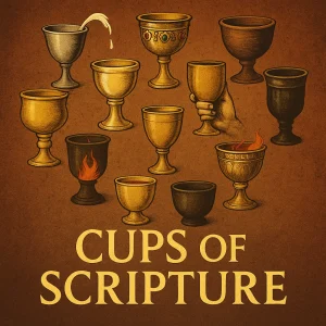 Ten symbolic golden cups represent biblical themes of blessing, judgment, salvation, wrath, and covenant in this KJV-based Bible study series.