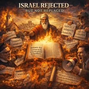 Cinematic poster showing Israel rejected but not replaced, with an open Bible, fiery backdrop, prophet figure, and symbols refuting replacement theology.