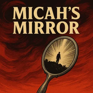 Fiery red clouds swirl around a vintage mirror reflecting a radiant figure standing in light, symbolizing divine reflection, judgment, and the remnant.