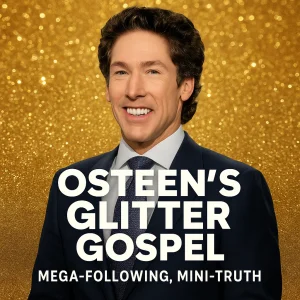 Joel Osteen smiling in front of a glittering gold background with bold text reading “Osteen’s Glitter Gospel – Mega-Following, Mini-Truth.”