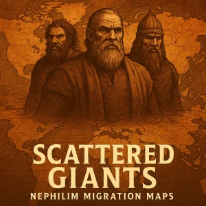 Poster for “Scattered Giants: Nephilim Migration Maps” featuring towering giants over a flat earth map with biblical imagery and ancient ruins.