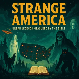 A dramatic movie-poster-style illustration showing an eerie map of the U.S. glowing with spiritual conflict, highlighting cryptids, ghosts, and biblical truth.