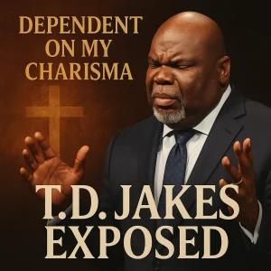 T.D. Jakes in suit gesturing passionately, overlaid with bold text “T.D. Jakes Exposed – Dependent on My Charisma,” symbolizing platform over gospel.
