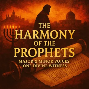 Square poster for "The Harmony of the Prophets" series featuring glowing scrolls, fire, and prophetic symbols unified under a divine message from God.