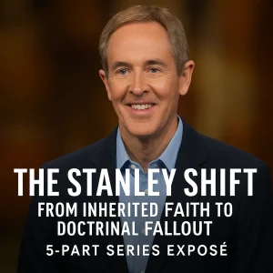 Charles Stanley pictured with bold title text: “The Stanley Shift – From Inherited Faith to Doctrinal Fallout,” promotional graphic for a 5-part exposé series.