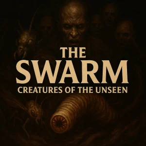 Dark, dramatic image featuring insect swarms and shadowy creatures with glowing light above, symbolizing spiritual warfare and dominion through Christ.