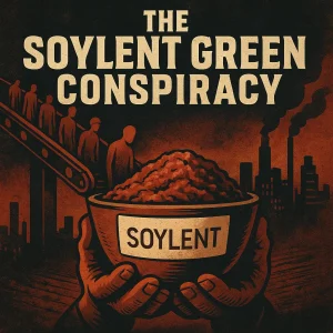 Poster image for “The Soylent Green Conspiracy” Bible prophecy series exposing cannibalism, lab-grown meat, AI-run food systems, and end-times deception.