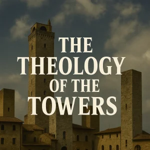 Ancient and modern towers rise behind bold title: The Theology of the Towers — a study on pride, prophecy, and spiritual strongholds.