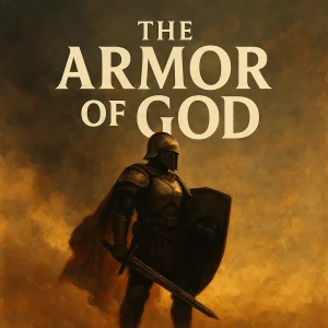 A Roman soldier in full armor stands in a golden battlefield under the title “The Armor of God,” symbolizing spiritual warfare and biblical strength.