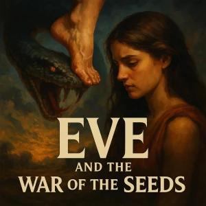 Eve and the serpent face off in a prophetic painting symbolizing the ancient seed war between good and evil, from Eden to Revelation.