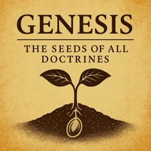 Vintage-style image with a seed and cross motif, titled “Genesis – The Seeds of All Doctrines” illustrating the origin of biblical truth.