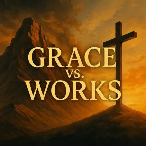 Illustration with the title “Grace vs Works” showing the contrast between salvation by faith and salvation by effort, symbolizing the heart of the gospel debate.