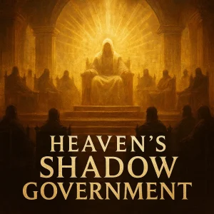 Heaven’s Shadow Government series cover featuring a divine throne surrounded by heavenly light, symbolizing spiritual authority and Christ’s dominion.