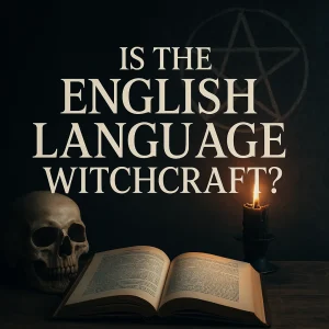 Open Bible with candlelight and skull beside the title “Is the English Language Witchcraft?” on a dark background with a faint pentagram behind.