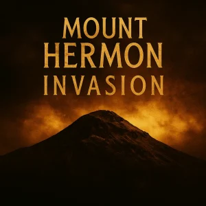 Dark and ominous digital poster showing Mount Hermon under a glowing sky, promoting a Bible-based series on the Watchers and Nephilim invasion.