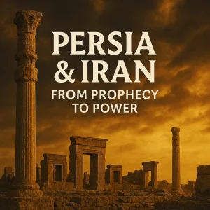 Golden city skyline under a dark sky with bold text “Persia & Iran – From Prophecy to Power,” symbolizing ancient prophecy and modern relevance.