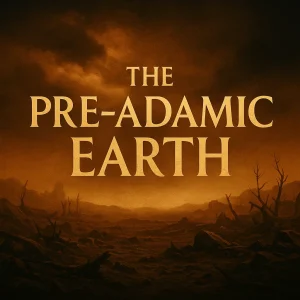 Golden title “The Pre-Adamic Earth” over a moody sky with lightning and mountains, evoking mystery and ancient biblical judgment.