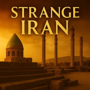 Golden-hued poster for the Strange Iran series showing mysterious Persian architecture at sunset.
