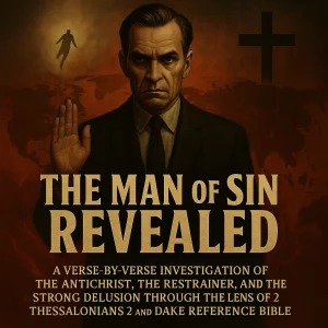 Poster-style image titled “The Man of Sin Revealed” featuring a shadowy Antichrist figure in a dark temple setting, symbolizing end-time deception.