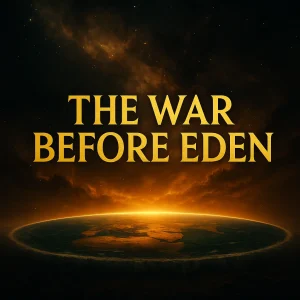 Dark cosmic-themed cover image with glowing golden title "The War Before Eden" representing a pre-Genesis celestial battle in a flat earth worldview.