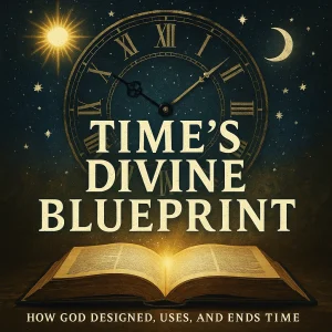Square poster for “Time’s Divine Blueprint” series featuring a glowing celestial clock and constellations, symbolizing God's control over time and eternity.