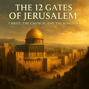 Illustration of ancient Jerusalem’s gates at sunset, symbolizing the spiritual journey through the twelve prophetic gates of Scripture.