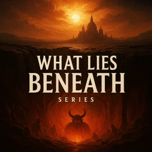 Dark fiery tunnel leading underground with glowing light, symbolizing biblical judgment and secrets buried beneath the earth for the “What Lies Beneath” series.