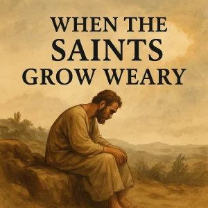 A weary man in biblical clothing sits alone on a rock at sunrise, symbolizing spiritual exhaustion and endurance from the devotional series When the Saints Grow Weary.