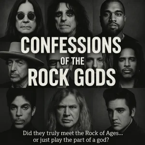 Black-and-white promotional image for “Confessions of the Rock Gods” series exploring celebrity conversions through a biblical lens.