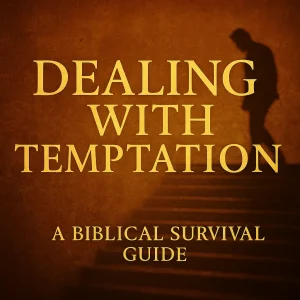 Square cover image for the 'Dealing With Temptation' Bible series, showing firelight background and bold title as a spiritual survival theme.